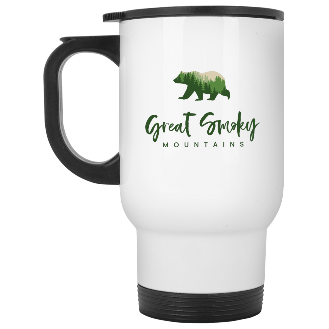 Great Smoky Mountains Green - 14 oz.White Travel Mug – Smoky Mountain Shop